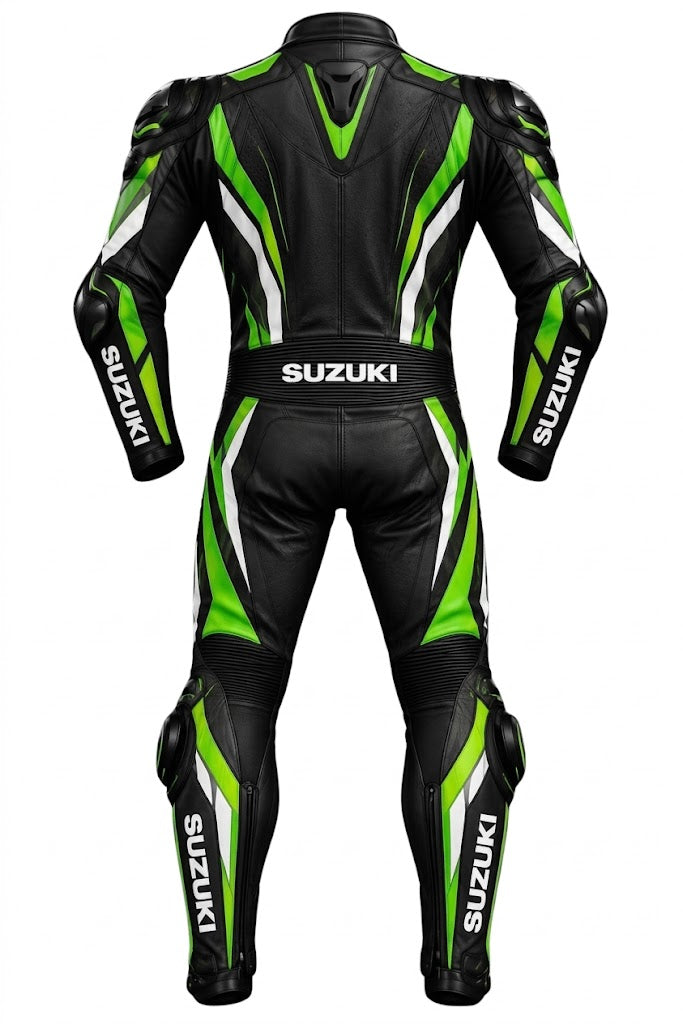 Suzuki Racing Leather Suit Black Green White - CE Armor Biker Motorcycle Race Gear - Men Track One Piece Riding Suit | UrbanHideNova