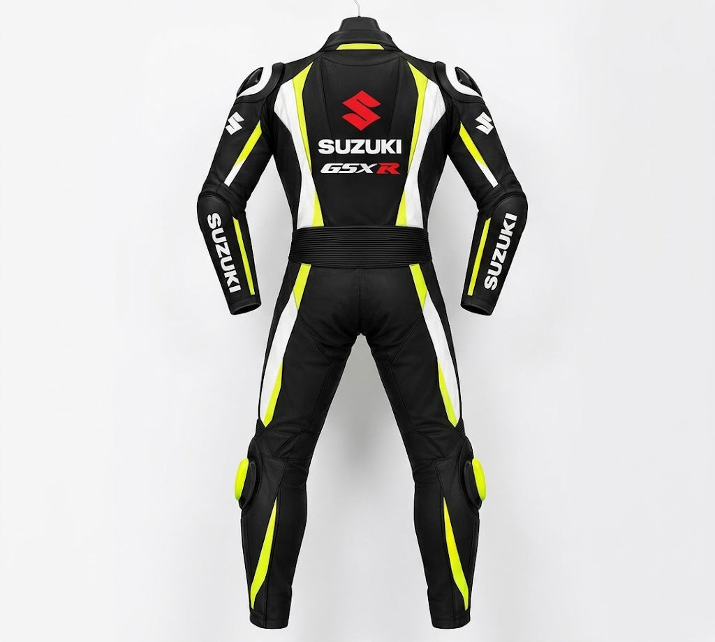 Motorcycle Racing Leather Suit – 1-Piece Track Armor in Black, Yellow & White