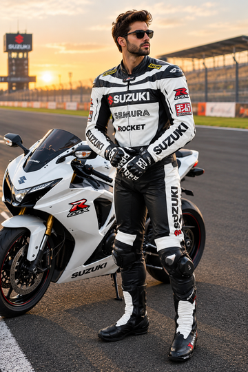 Suzuki GSX-R Leather Motorcycle Racing Suit for Men – Black & White Biker Suit