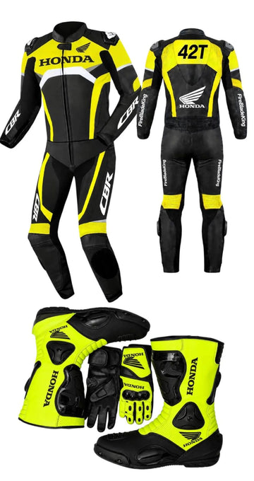 Honda Motorcycle Racing Suit for Men, Black Neon Yellow Leather Suit with Gloves and Boots