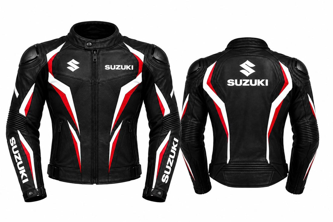 Leather Motorcycle Racing Suit – Black, Red & White CE Armored Track & Street Biker Gear