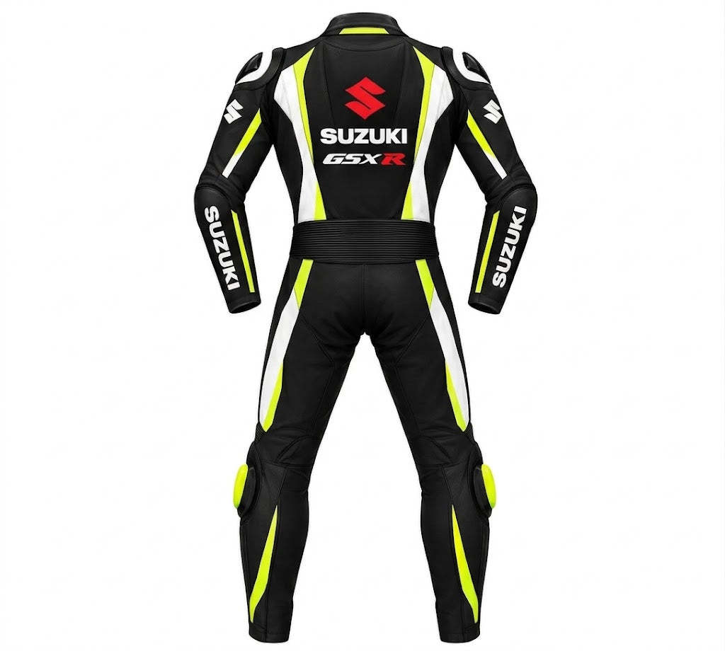 Men's 1-Piece Motorcycle Racing Leather Suit – Black, Yellow & White Track Suit