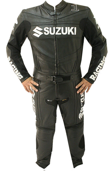 Men’s Black Motorcycle Racing Leather Suit – Full-Body Biker Riding Gear