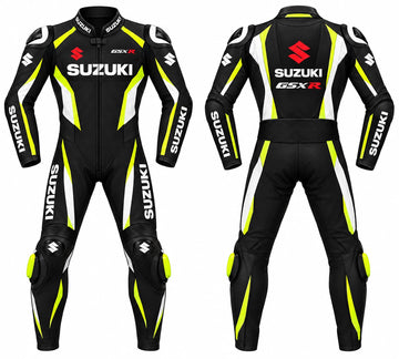Motorcycle Racing Leather Suit – 1-Piece Track Armor in Black, Yellow & White