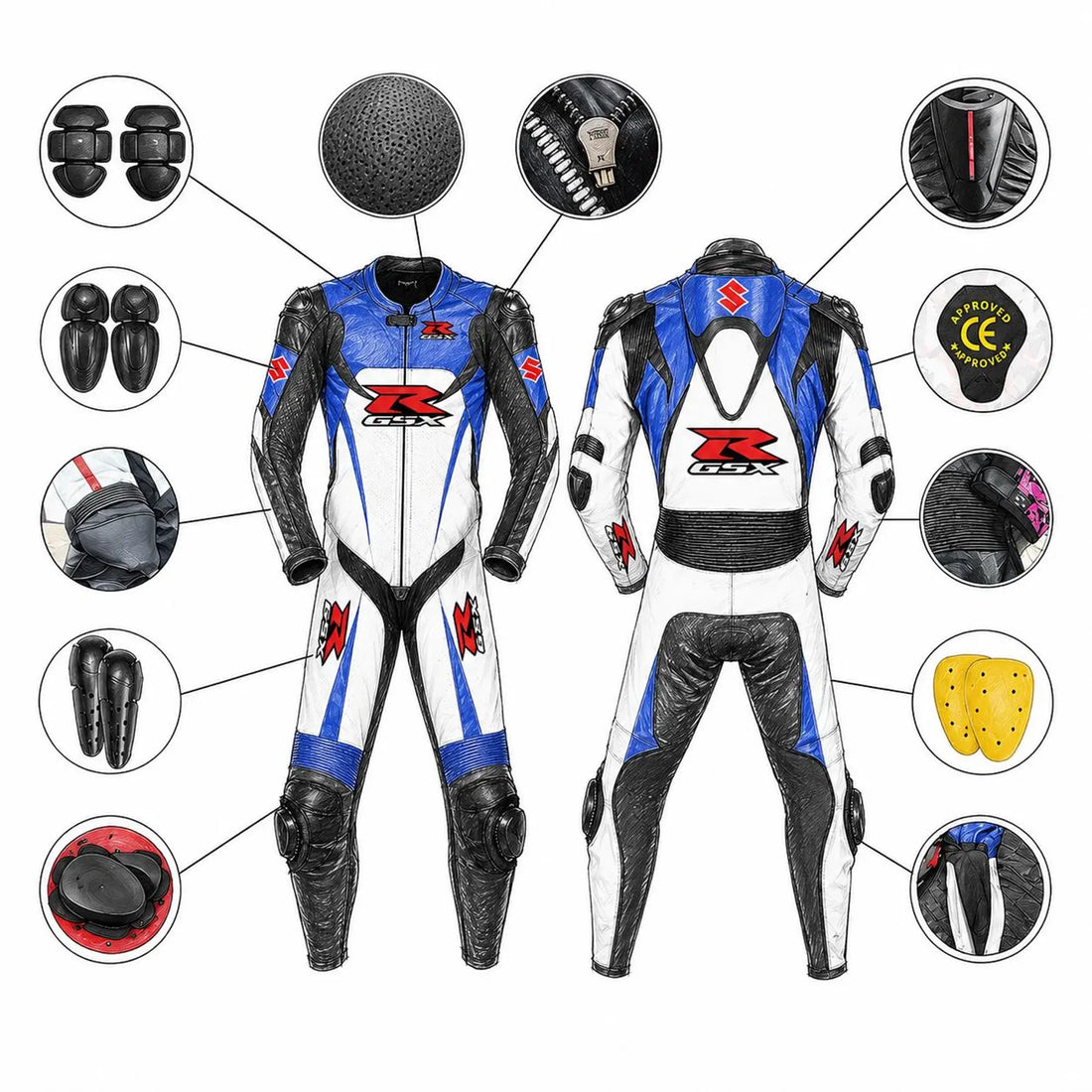 Pro Performance Genuine Cowhide Motorbike Racing Suit – Full Body CE Armor & Integrated Knee Sliders for Track & Sport Riding