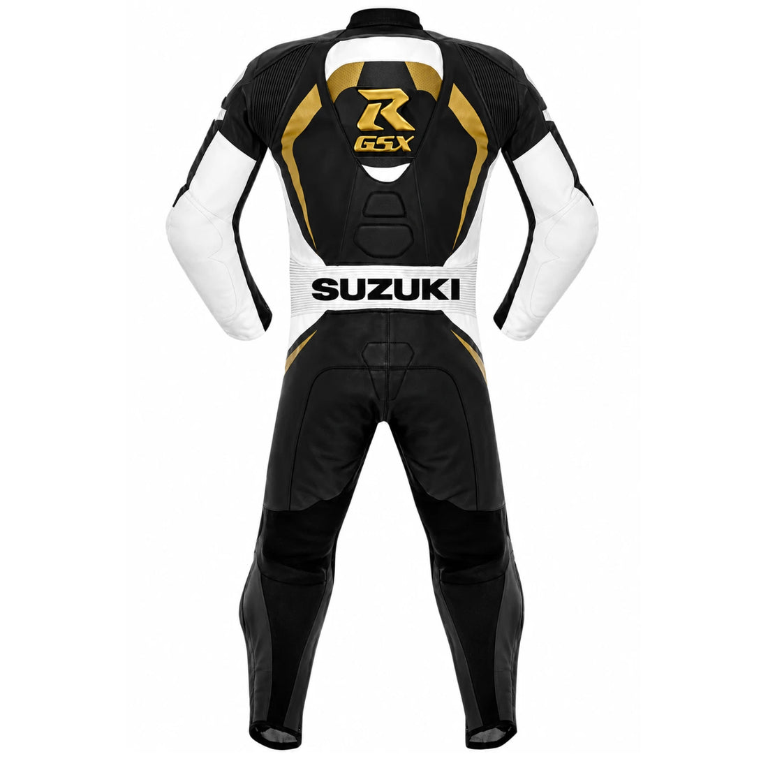 Pro Racing Leather Motorcycle Suit – Black, White & Gold One-Piece Track Gear