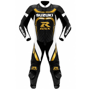 Pro Racing Leather Motorcycle Suit – Black, White & Gold One-Piece Track Gear