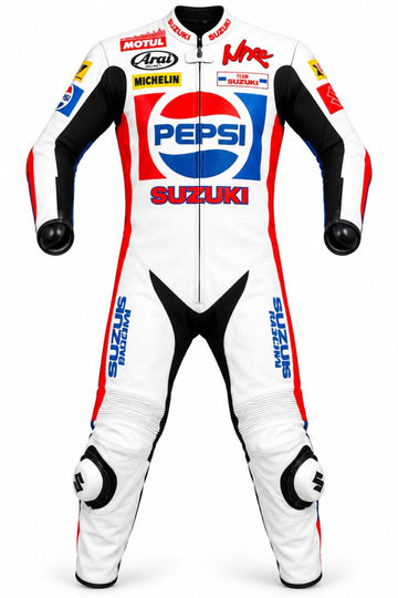Suzuki Motorcycle Racing Leather Suit for Men, White Red Blue One-Piece Biker Suit
