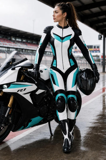 Women Leather Motorcycle Suit - One Piece Racing Biker Suit in Black, White & Cyan