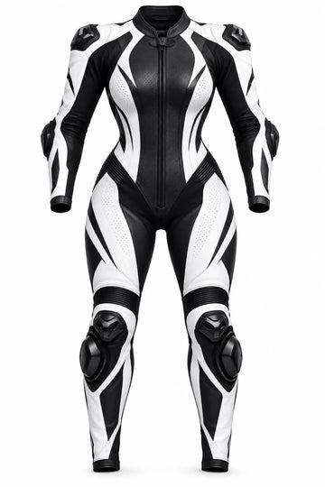 Women’s Custom Black & White Leather Racing Suit  Personalized Motorbike Track Gear