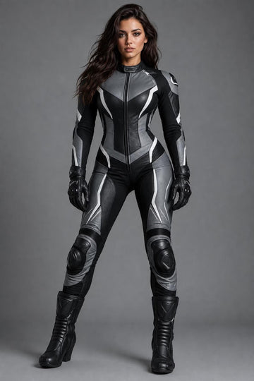 Women's Leather Motorcycle Racing Suit – Black & Gray Biker Suit, Custom Fit Track Riding Gear