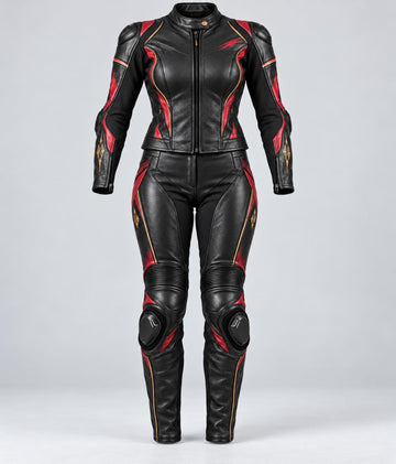 Women's Leather Motorcycle Suit Two Piece – Black Red Gold Custom Fit Riding Set