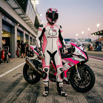 Women’s Pink & White Genuine Leather Racing Jumpsuit – Custom Fit Track & Street Biker Suit