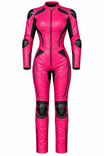 Women’s Vibrant Pink 1-Piece Leather Motorcycle Racing Suit  Track & Riding Gear