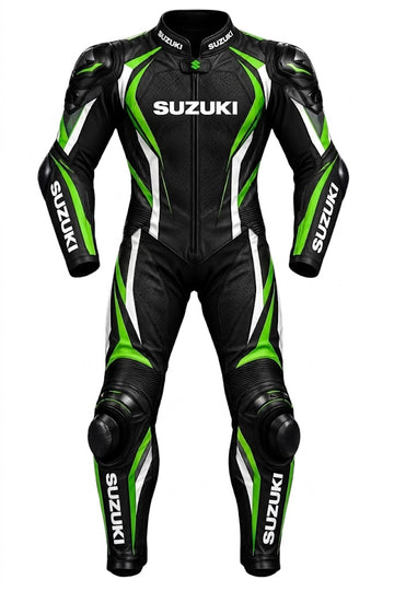 Suzuki Racing Leather Suit Black Green White - CE Armor Biker Motorcycle Race Gear - Men Track One Piece Riding Suit | UrbanHideNova