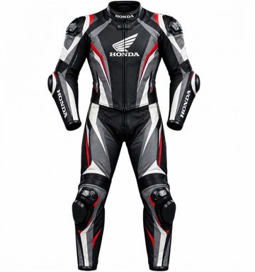 Honda Style Leather Motorcycle Racing Suit for Men | Black Red White One Piece Biker Track Suit with Protective Armor