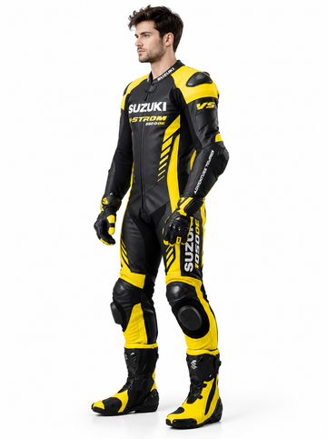 Suzuki Motorcycle Racing Suit, Black Yellow Leather Biker Gear with CE Protection