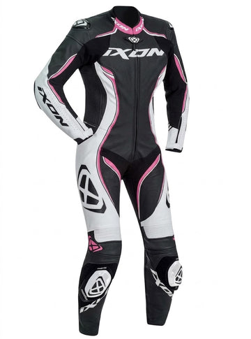Women's Leather Motorcycle Suit – IXON CE Approved One Piece Track Racing Suit (Black/Pink)