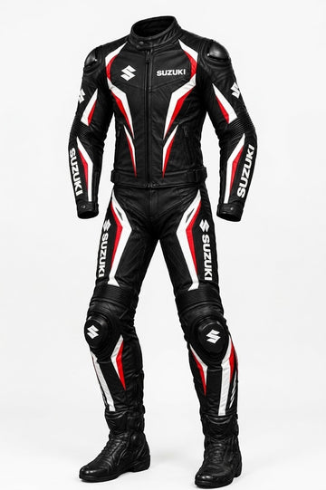 Leather Motorcycle Racing Suit – Black, Red & White CE Armored Track & Street Biker Gear